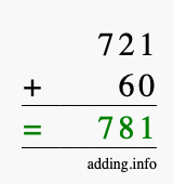 Calculate 721 + 60 using long addition