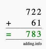 Calculate 722 + 61 using long addition