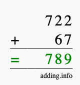 Calculate 722 + 67 using long addition