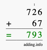 Calculate 726 + 67 using long addition