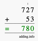 Calculate 727 + 53 using long addition