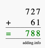 Calculate 727 + 61 using long addition