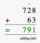 Calculate 728 + 63 using long addition