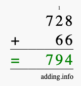 Calculate 728 + 66 using long addition