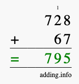 Calculate 728 + 67 using long addition