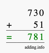 Calculate 730 + 51 using long addition
