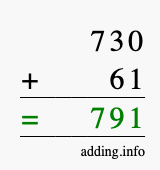 Calculate 730 + 61 using long addition