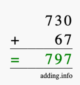 Calculate 730 + 67 using long addition