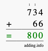 Calculate 734 + 66 using long addition