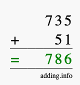 Calculate 735 + 51 using long addition
