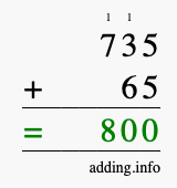 Calculate 735 + 65 using long addition