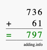 Calculate 736 + 61 using long addition