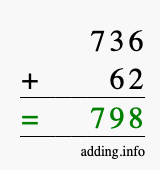 Calculate 736 + 62 using long addition