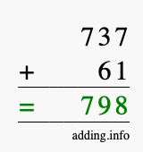 Calculate 737 + 61 using long addition