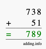 Calculate 738 + 51 using long addition