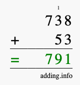 Calculate 738 + 53 using long addition