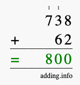 Calculate 738 + 62 using long addition