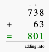 Calculate 738 + 63 using long addition