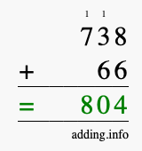 Calculate 738 + 66 using long addition