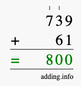 Calculate 739 + 61 using long addition