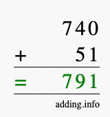 Calculate 740 + 51 using long addition