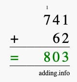 Calculate 741 + 62 using long addition