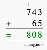 Calculate 743 + 65 using long addition
