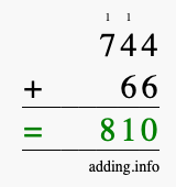 Calculate 744 + 66 using long addition