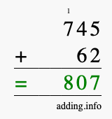 Calculate 745 + 62 using long addition