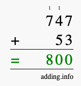 Calculate 747 + 53 using long addition