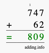 Calculate 747 + 62 using long addition