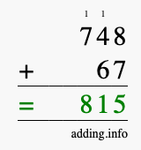 Calculate 748 + 67 using long addition