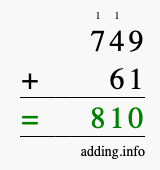 Calculate 749 + 61 using long addition