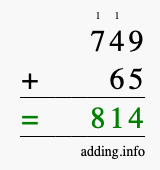 Calculate 749 + 65 using long addition
