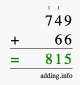 Calculate 749 + 66 using long addition