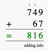 Calculate 749 + 67 using long addition