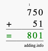 Calculate 750 + 51 using long addition