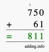 Calculate 750 + 61 using long addition