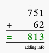 Calculate 751 + 62 using long addition