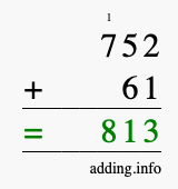 Calculate 752 + 61 using long addition