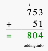 Calculate 753 + 51 using long addition