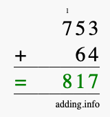 Calculate 753 + 64 using long addition