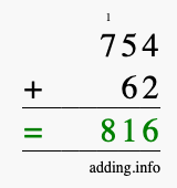 Calculate 754 + 62 using long addition