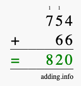 Calculate 754 + 66 using long addition