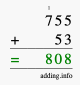 Calculate 755 + 53 using long addition