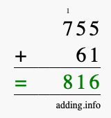 Calculate 755 + 61 using long addition