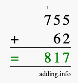 Calculate 755 + 62 using long addition