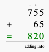 Calculate 755 + 65 using long addition