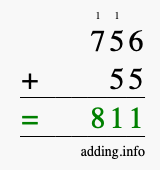 Calculate 756 + 55 using long addition