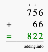 Calculate 756 + 66 using long addition